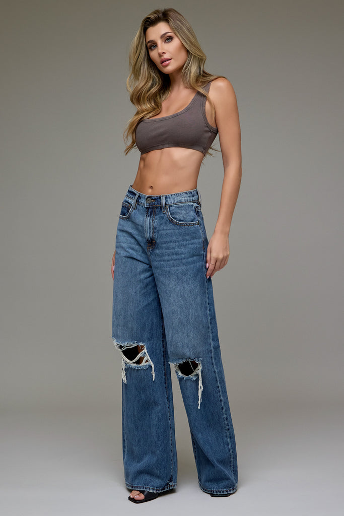 [NORI] Medium Dark Classic Distressed 33" Inseam Wide leg