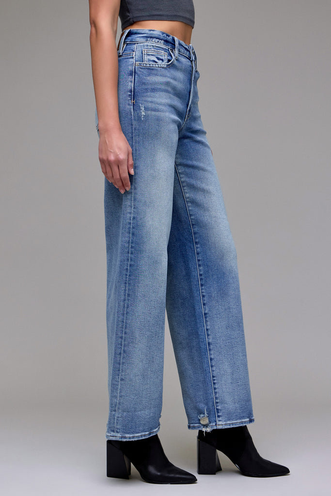 [NORI] Medium Wash Clean Stretch High Rise Wide Leg