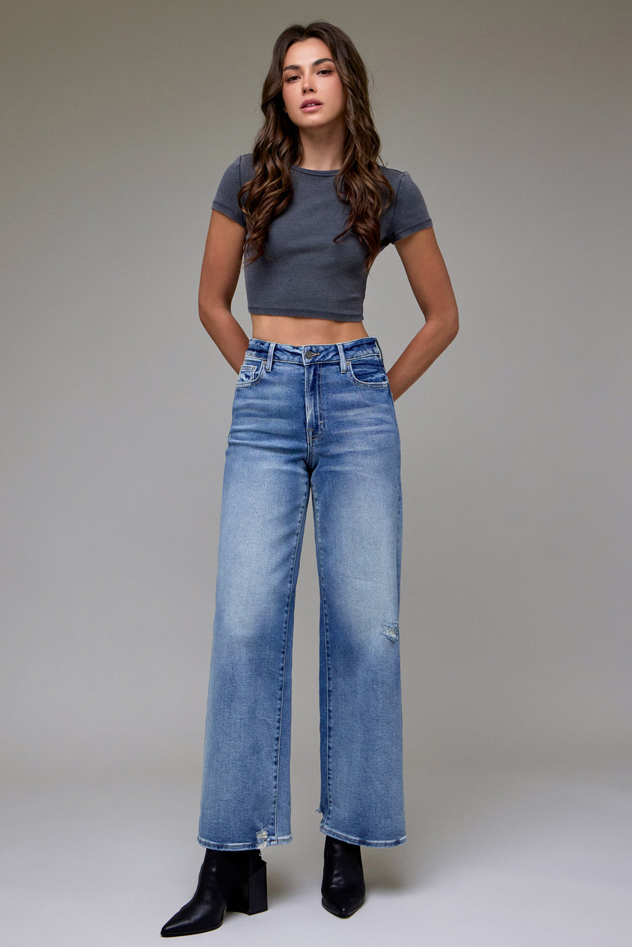 [NORI] Medium Wash Clean Stretch High Rise Wide Leg