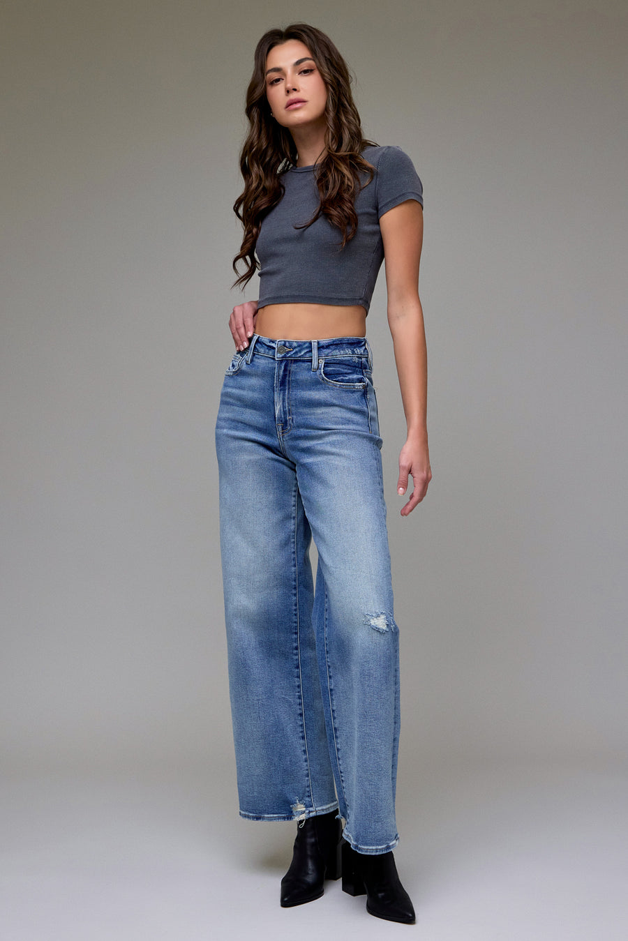 [NORI] Medium Wash Clean Stretch High Rise Wide Leg