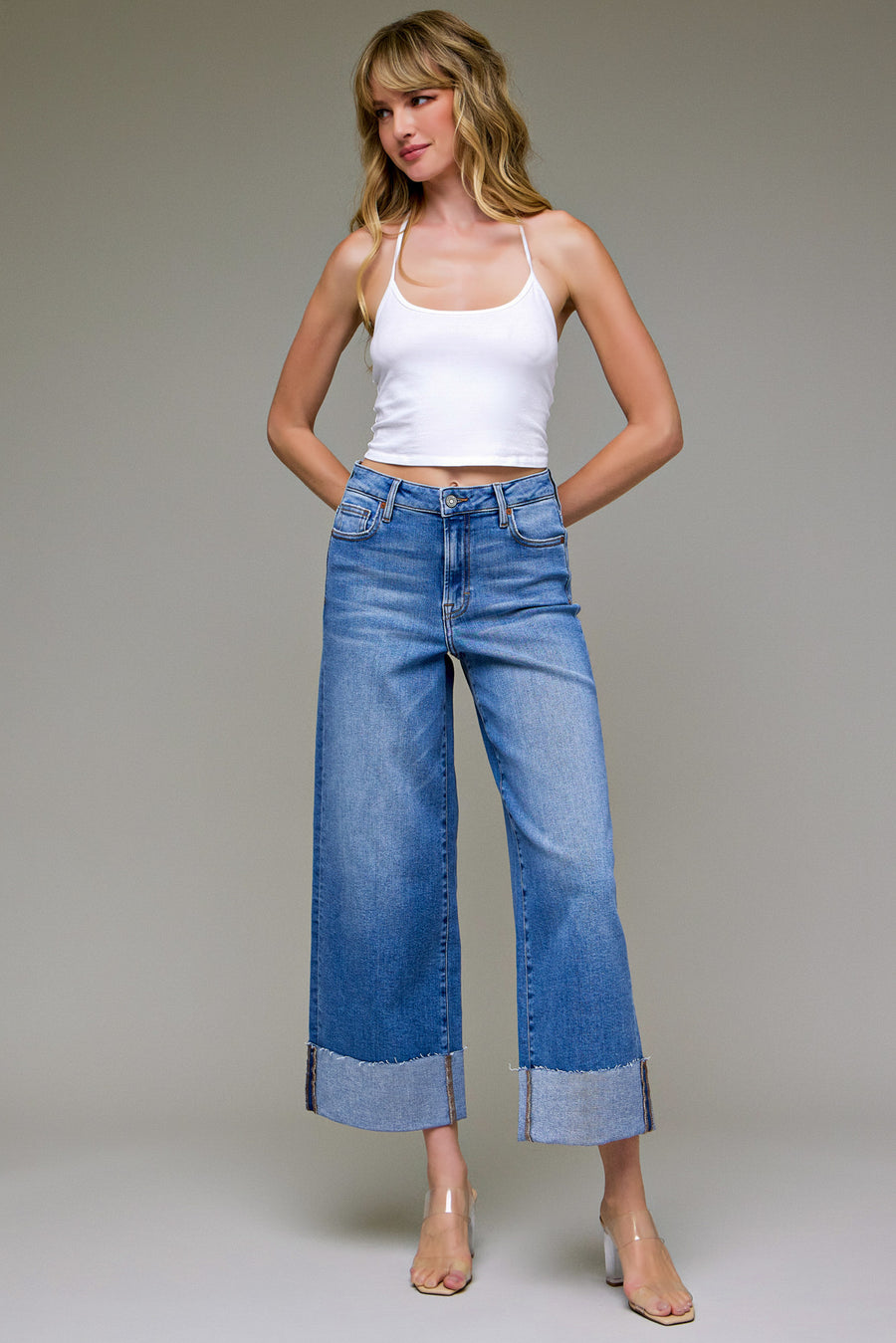 [NORI] Medium Wash Stretch Cuffed High Rise Wide leg