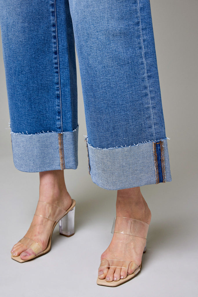 [NORI] Medium Wash Stretch Cuffed High Rise Wide leg