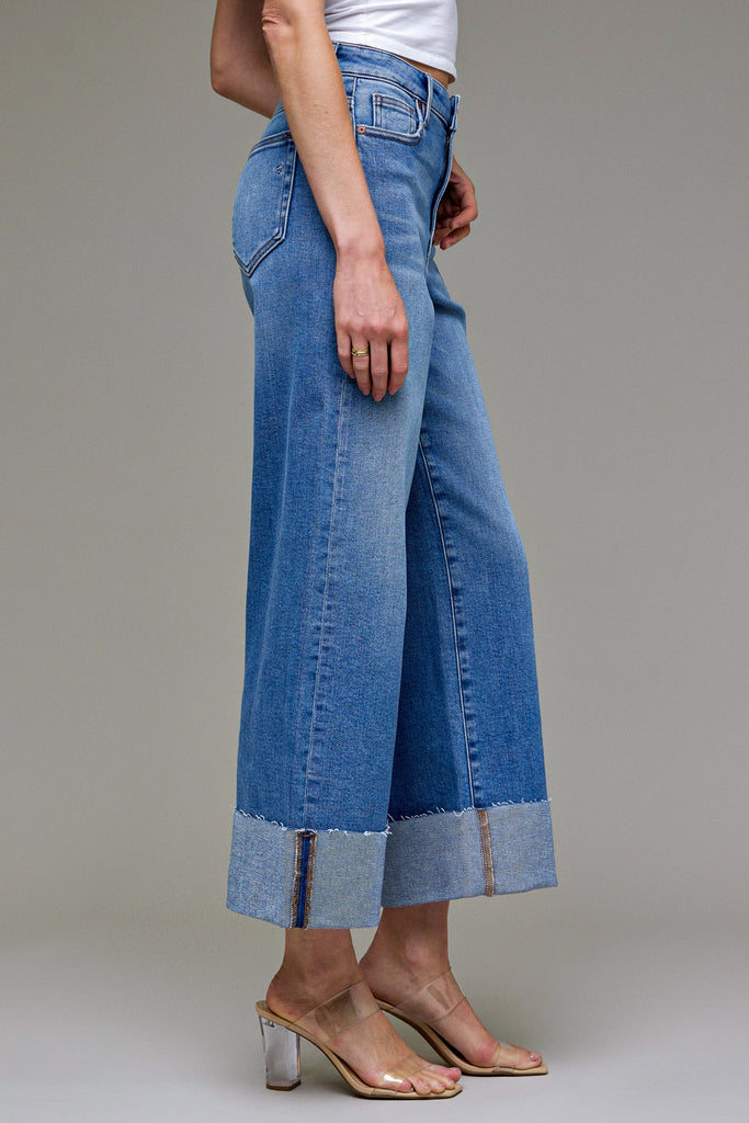 [NORI] Medium Wash Stretch Cuffed High Rise Wide leg