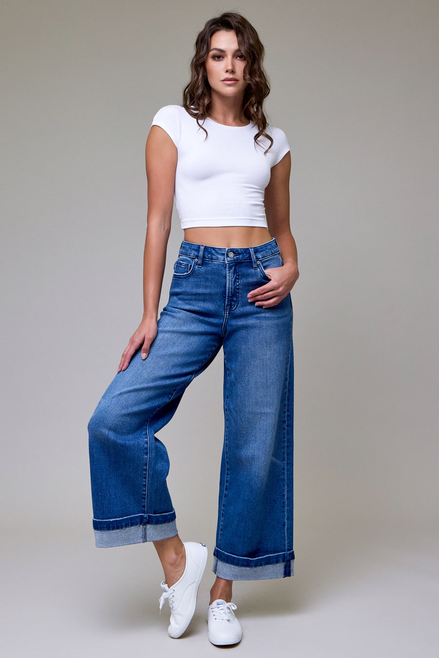 [NORI] Medium Wash 3" Cuffed High Rise Wide leg