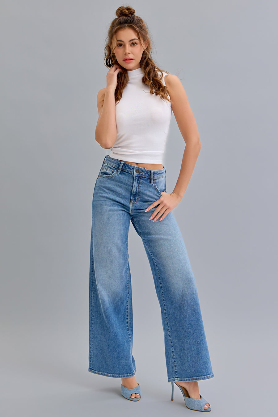 [NORI] Medium Wash Clean Stretch High Rise Wide Leg