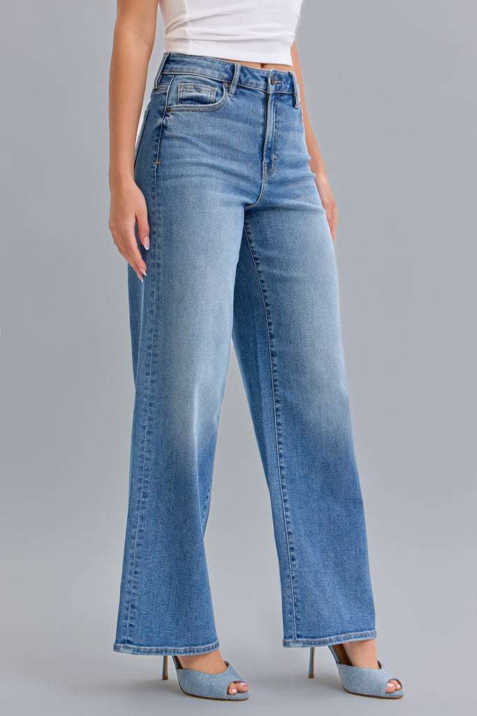 [NORI] Medium Wash Clean Stretch High Rise Wide Leg