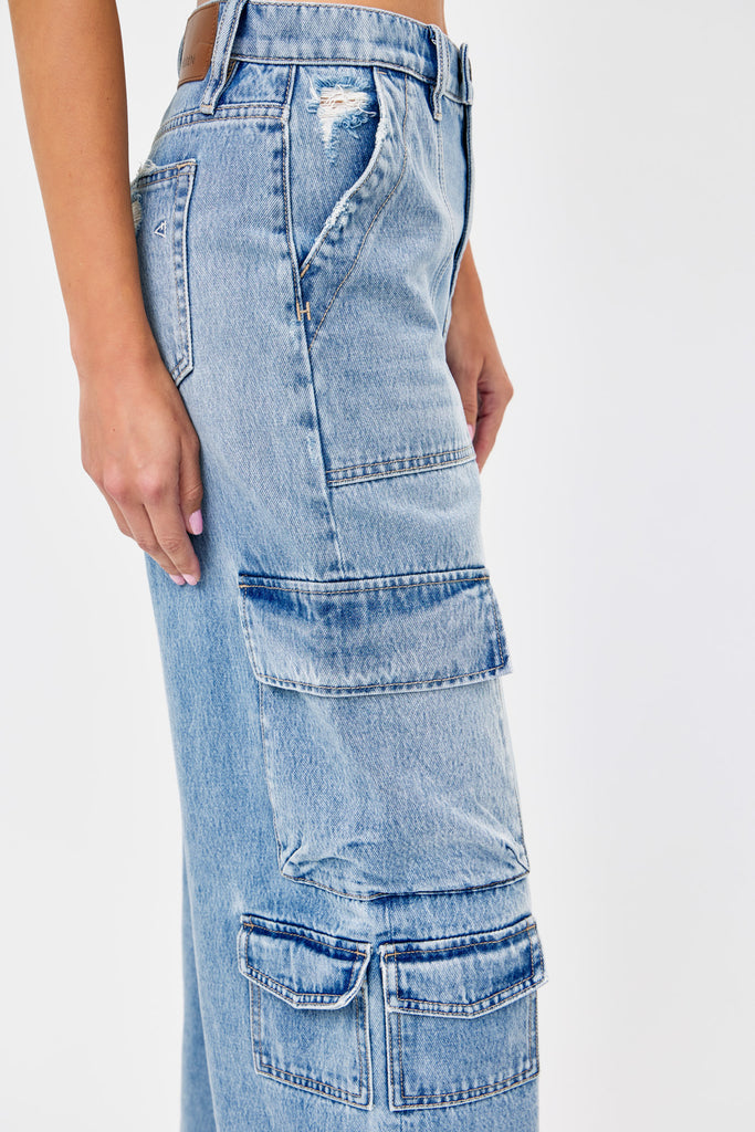 [NORI] Light Wash Cargo Moto 33" Inseam Wideleg