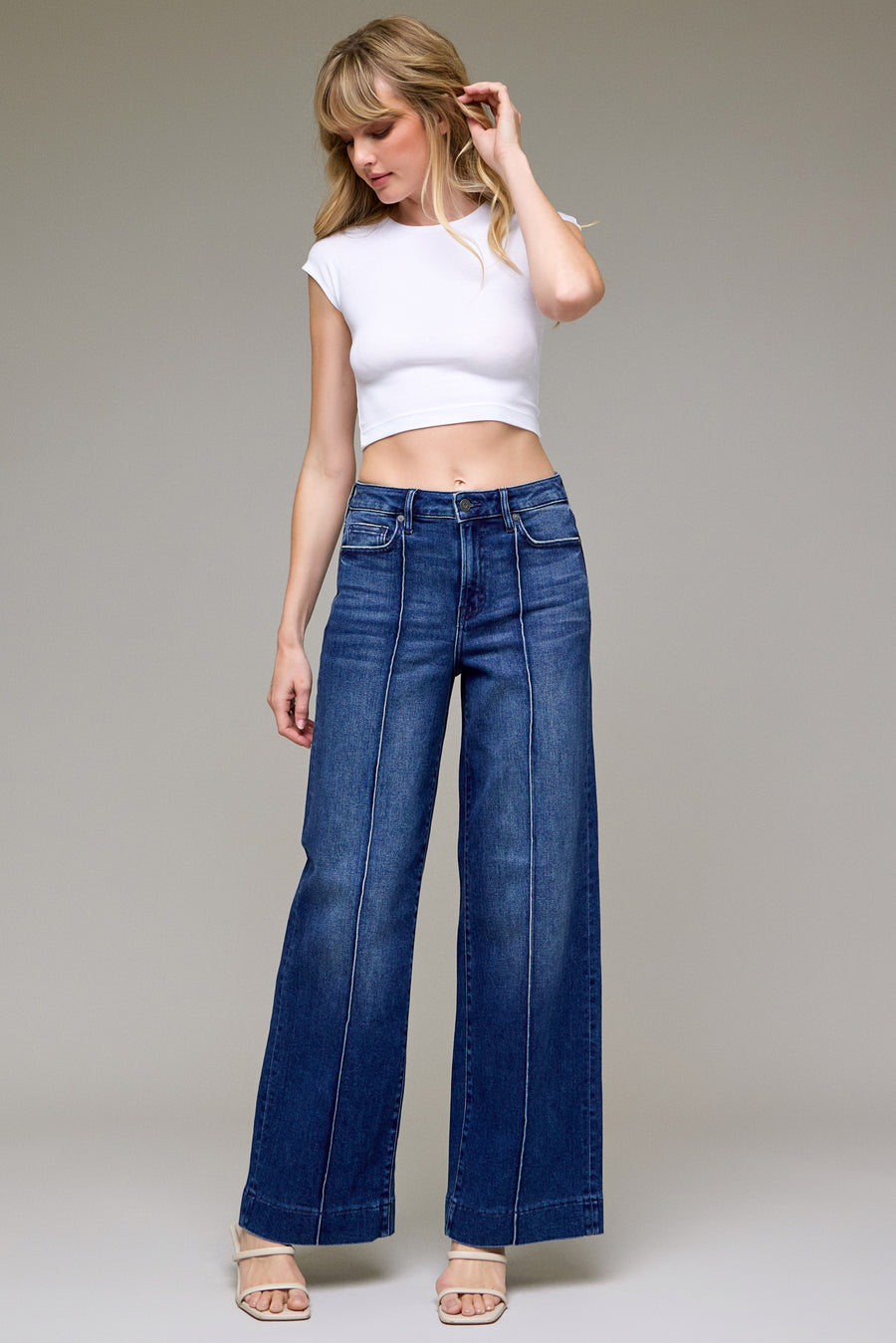 [NORI] Dark Wash Pintuck High Rise Wide Leg