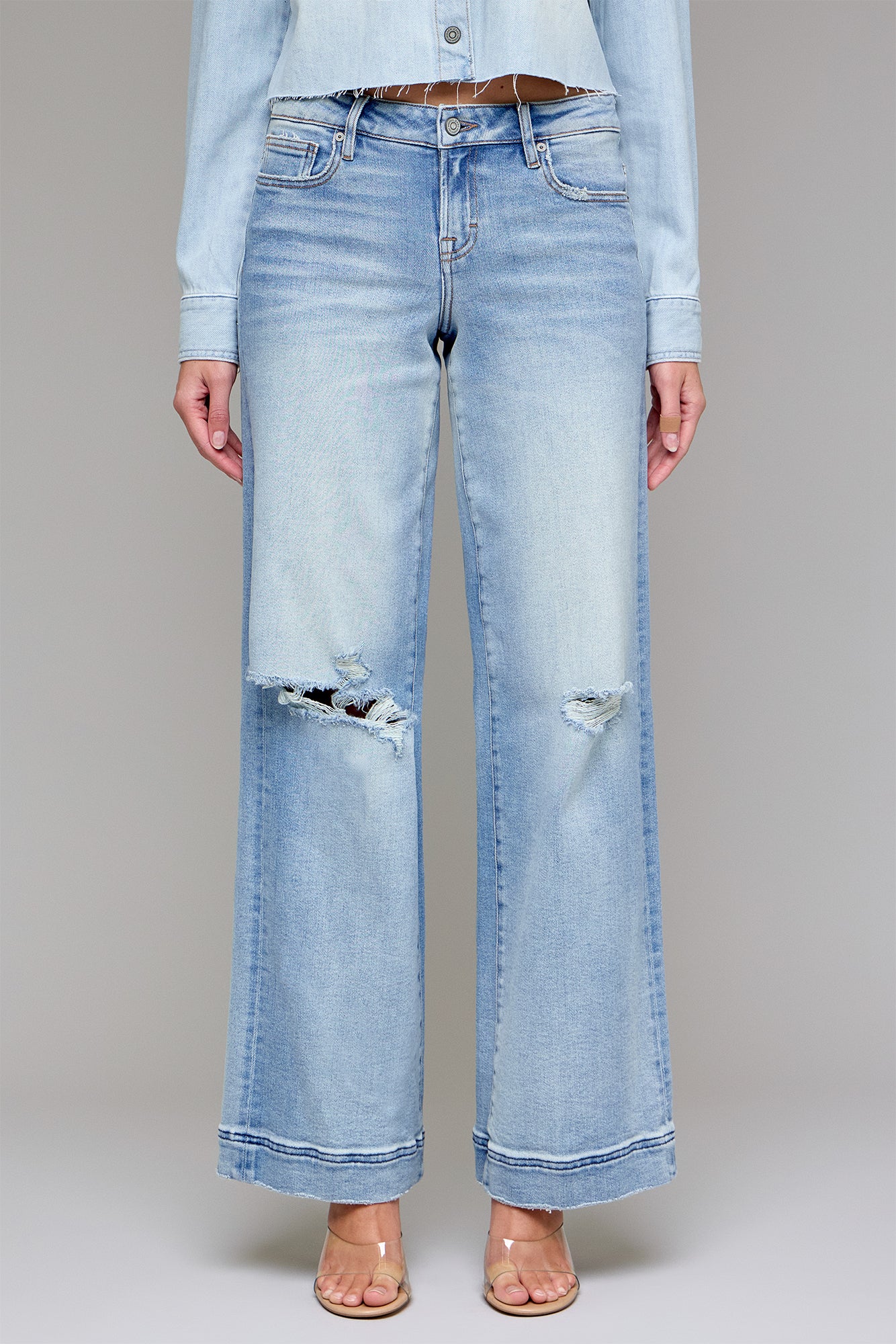 【YOURNUS】Curfew Washed Wide Denim loose wide leg zip jeans - Seventeen Blue - Medium Blue