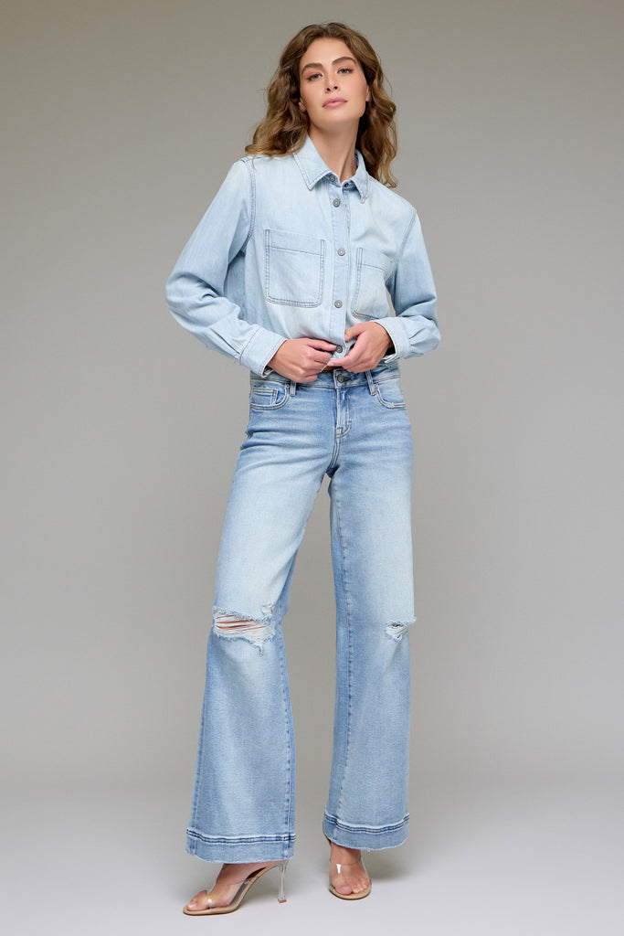 [NORI] Light Wash Distressed Stretch 33" Inseam Wide leg