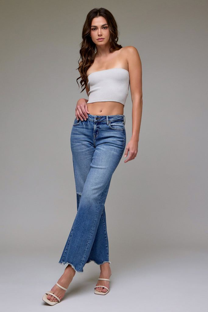 [LOGAN] Medium Wash Chewed Hem Stretch Low Rise Dad Jean