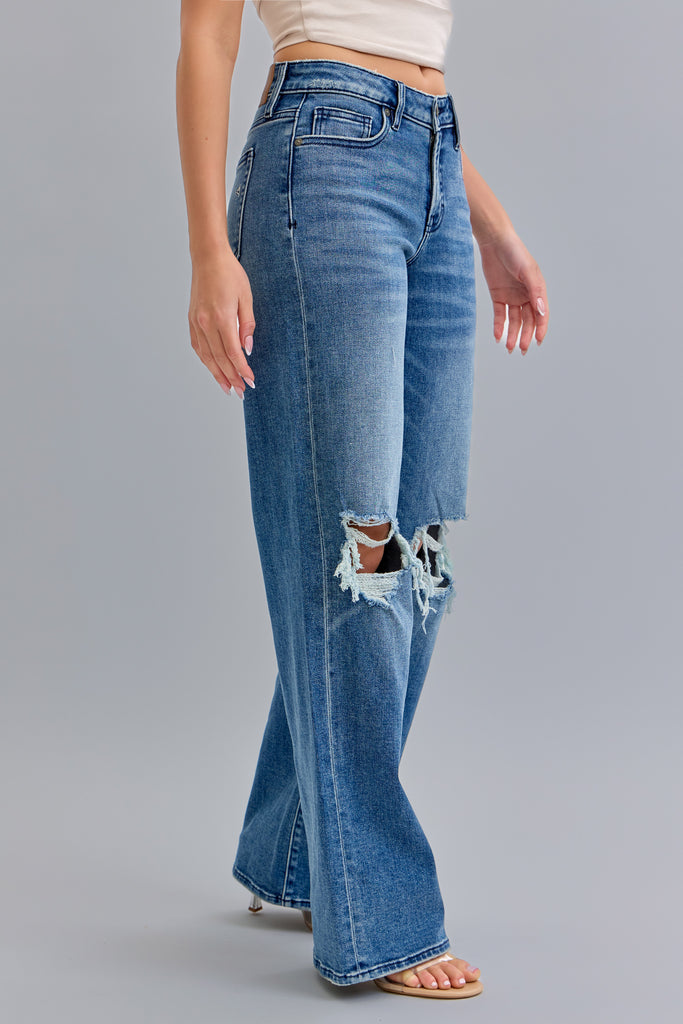 [LOGAN] Dark Wash Mid Rise Distressed Dad Jean