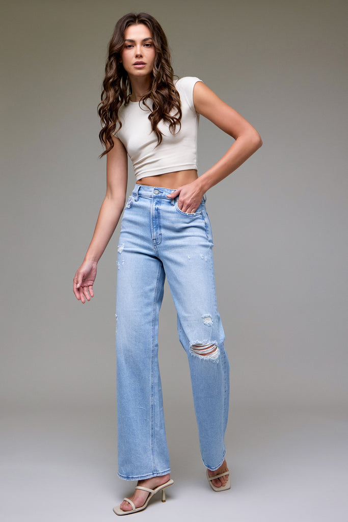 [LOGAN] Light Wash Distressed 33" Inseam Dad Jean
