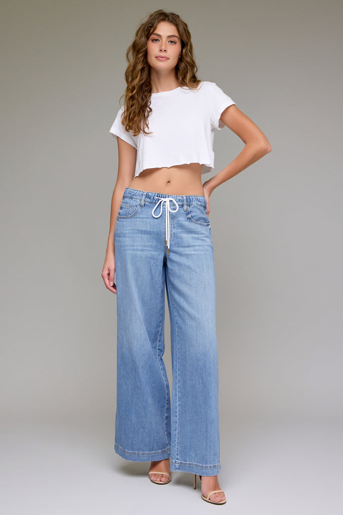 [NORI] Light Wash Super Soft Elastic Waistband 32" Inseam Wide leg