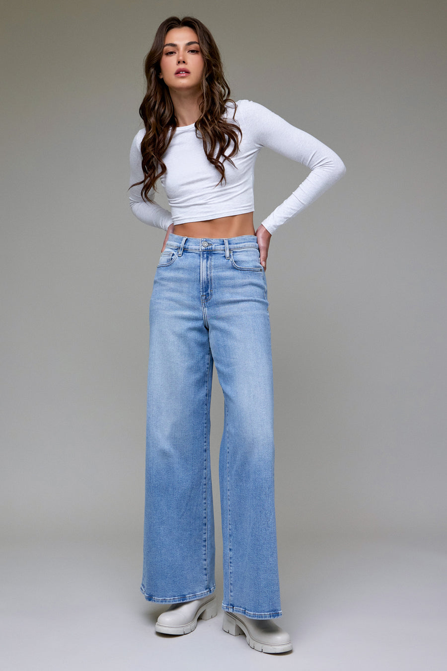 [NORI] Medium Light Clean Stretch High Rise Wide Leg
