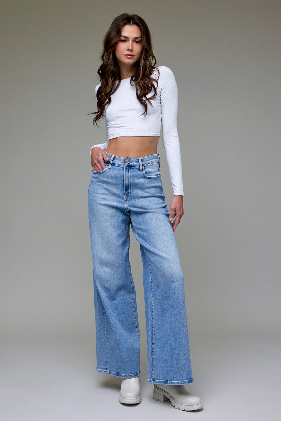 [NORI] Medium Light Clean Stretch High Rise Wide Leg
