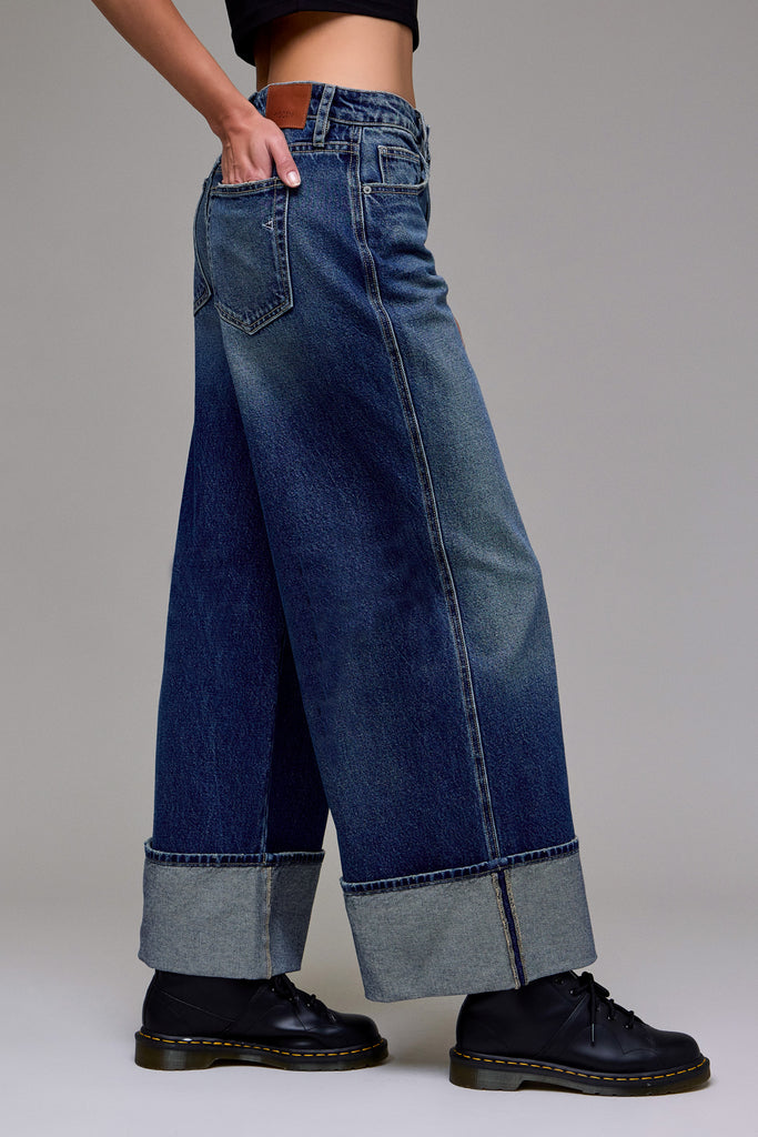 [NORI] Dark Wash Clean Classic Oversize Cuffed Hem Wide Leg