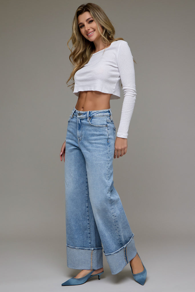 [NORI] Medium Light High Rise Cuffed Super Wide Leg