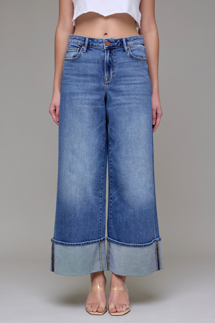 [NORI] Medium Wash Cuffed Stretch Wide leg