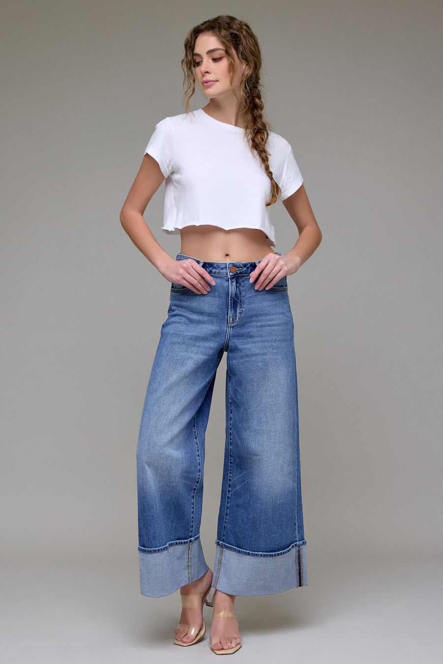 [NORI] Medium Wash Cuffed Stretch Wide leg