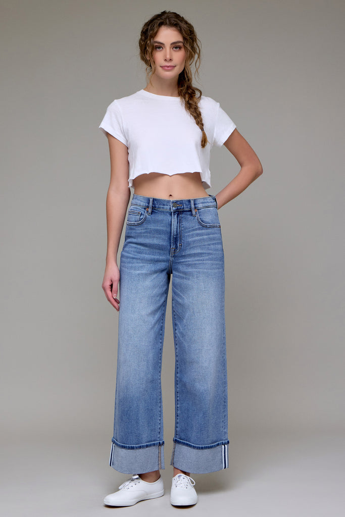 [LOGAN] Medium Wash Clean Cuffed Stretch Relaxed Dad Jean