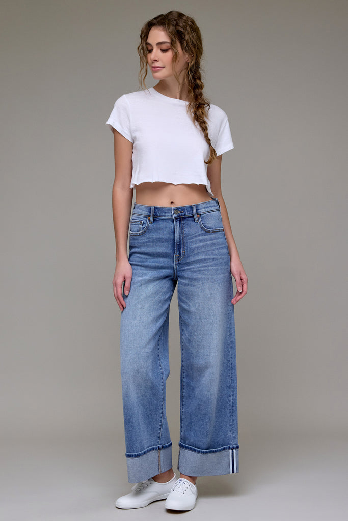 [LOGAN] Medium Wash Clean Cuffed Stretch Relaxed Dad Jean