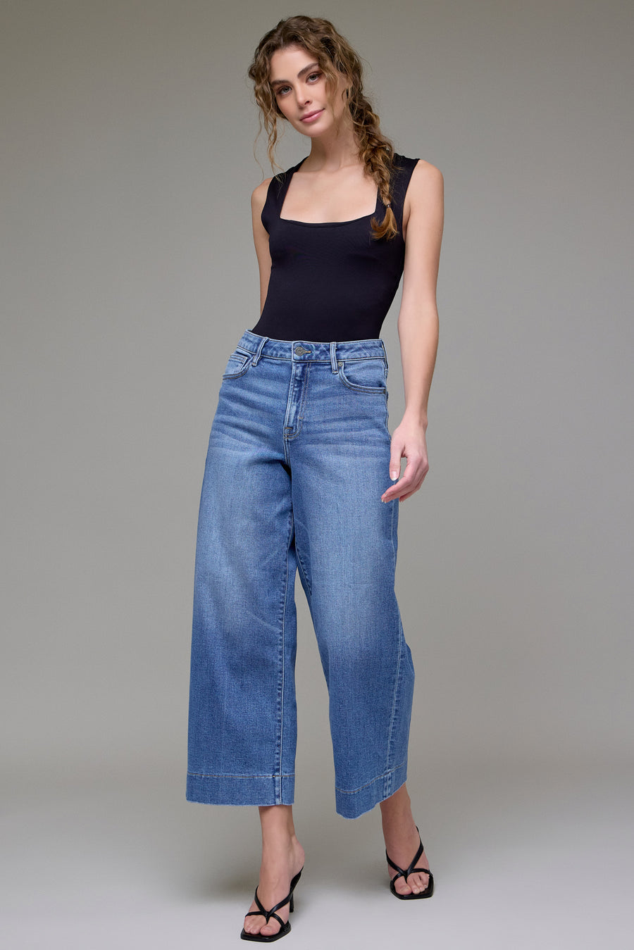 [NORI] Medium Wash Cropped Clean Stretch Wide leg