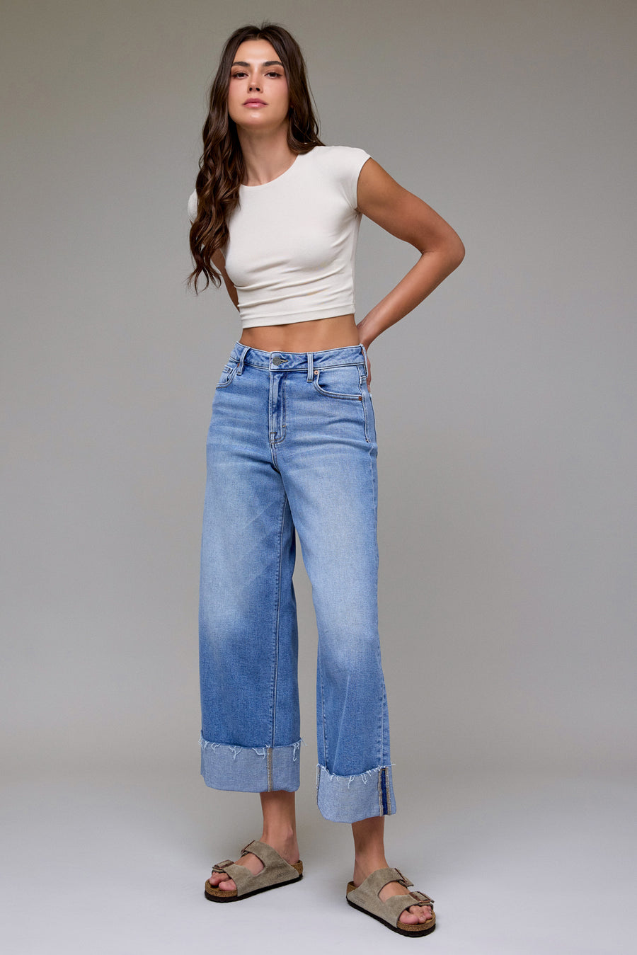 [NORI] Medium Light Stretch Cuffed High Rise Wide Leg