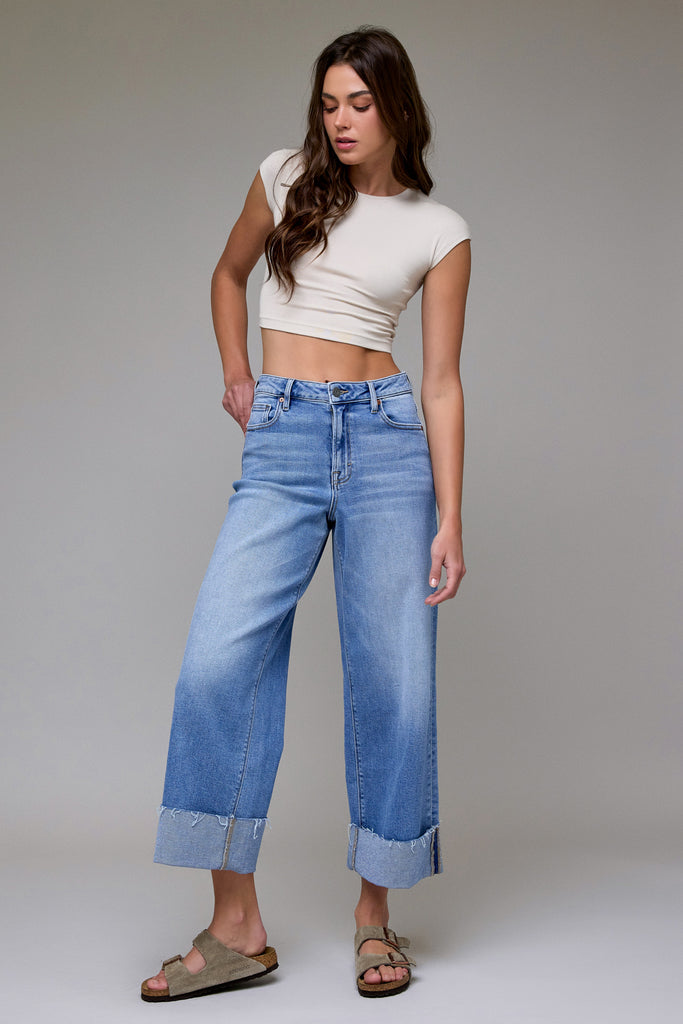 [NORI] Medium Light Stretch Cuffed High Rise Wide Leg