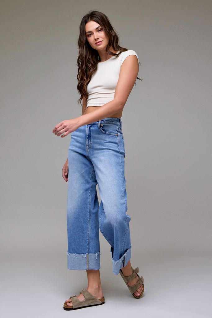 [NORI] Medium Light Stretch Cuffed High Rise Wide Leg
