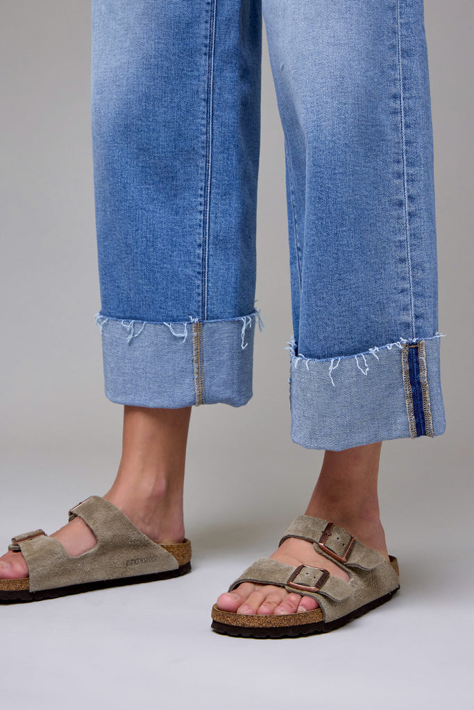 [NORI] Medium Light Stretch Cuffed High Rise Wide Leg