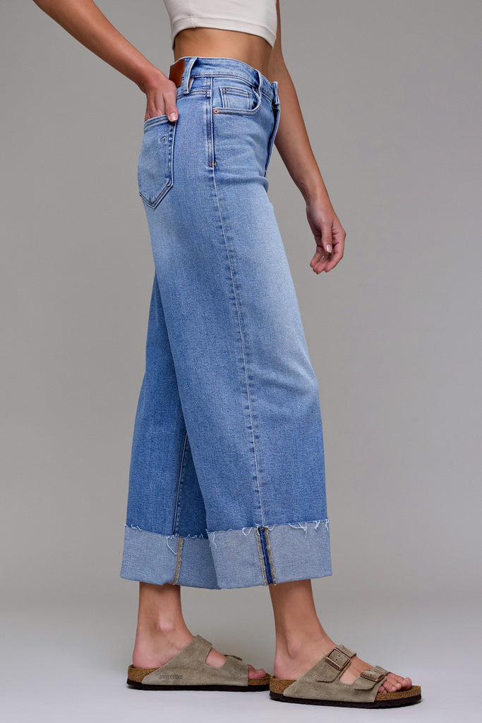 [NORI] Medium Light Stretch Cuffed High Rise Wide Leg