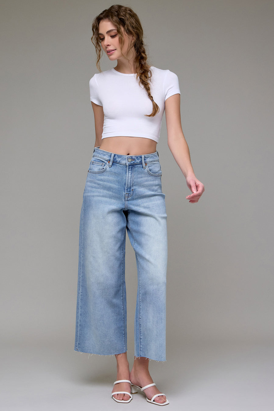 [NORI] Light Wash Clean Stretch Cropped Wide leg