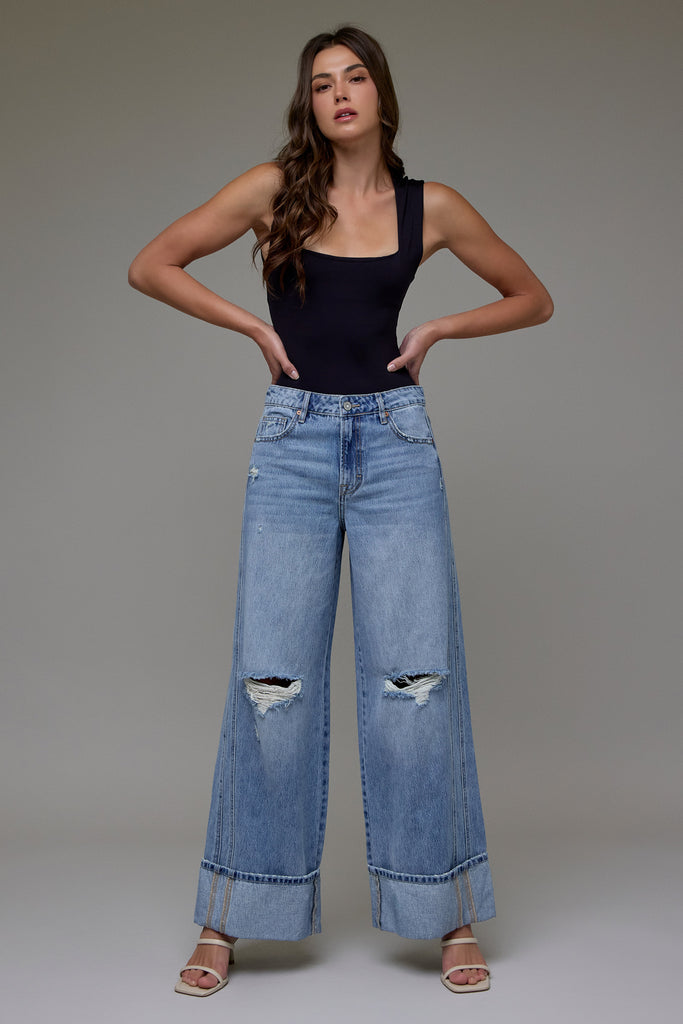 [NORI] Medium Light Cuffed Classic Distressed Wide leg