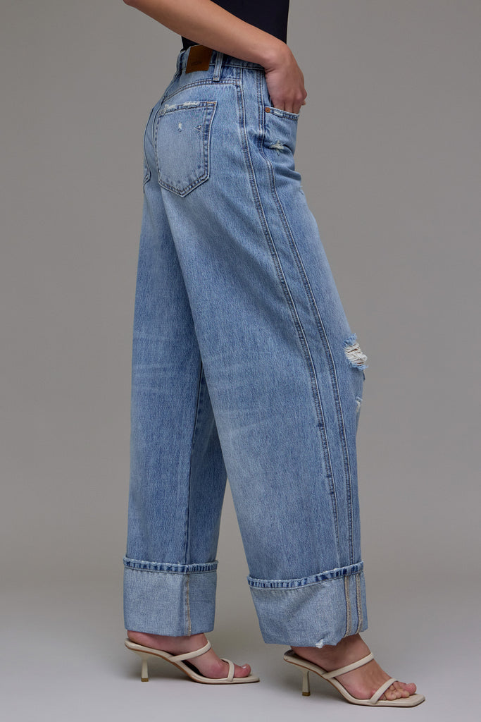 [NORI] Medium Light Cuffed Classic Distressed Wide leg