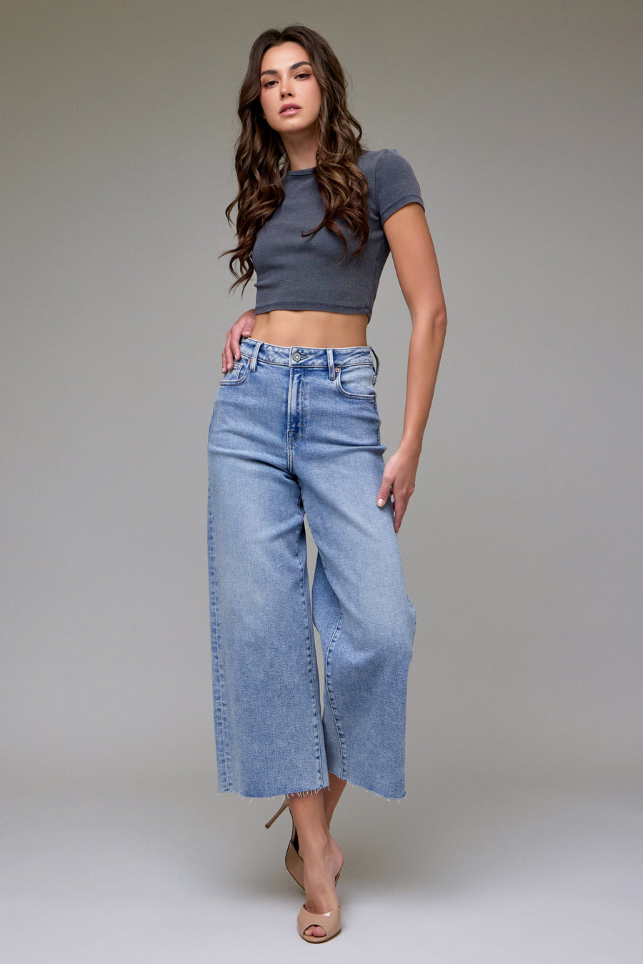 [NORI] Medium Light Clean Stretch Cropped Wide leg