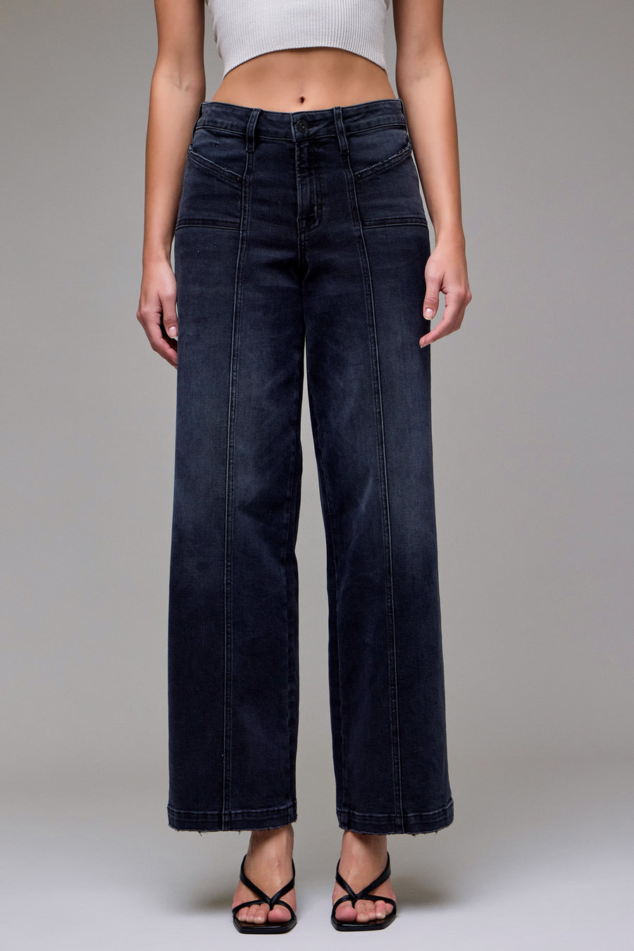[NORI] Medium Grey Stretch Fashion Mid Rise Wide Leg