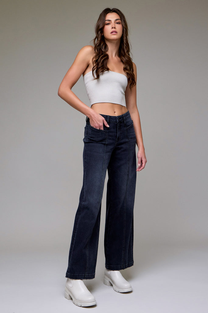 [NORI] Medium Grey Stretch Fashion Mid Rise Wide Leg