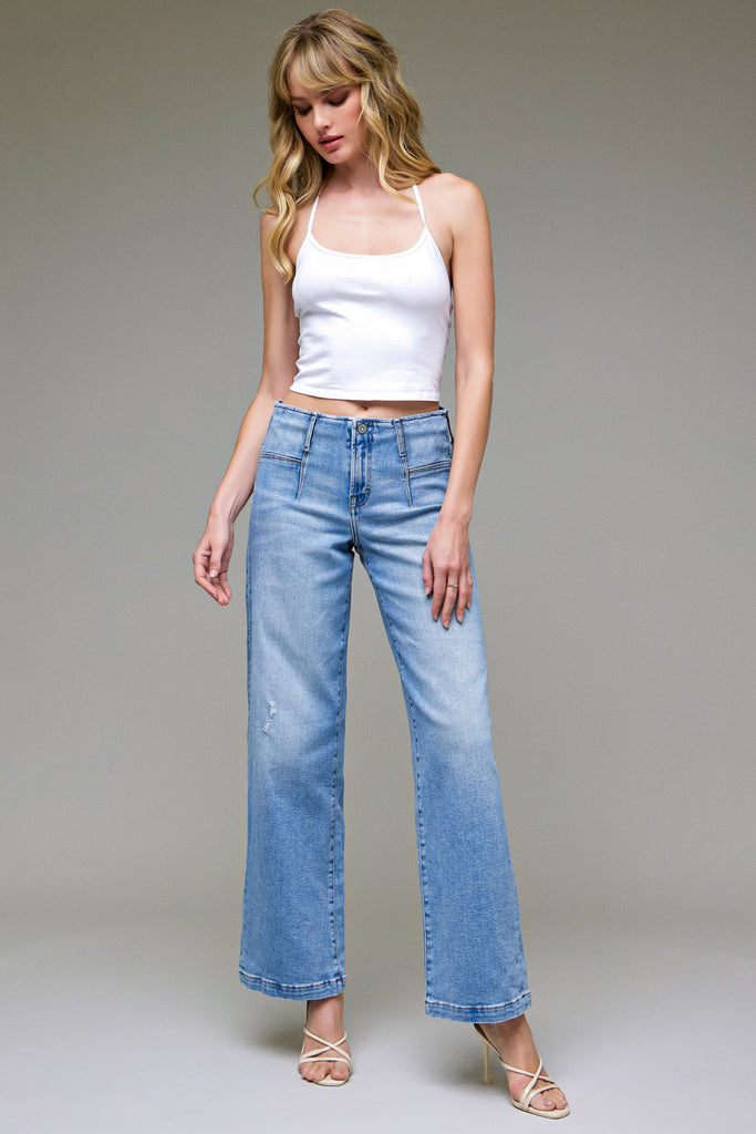 [LOGAN] Light Wash Fashion Stretch Mid Rise Dad Jean