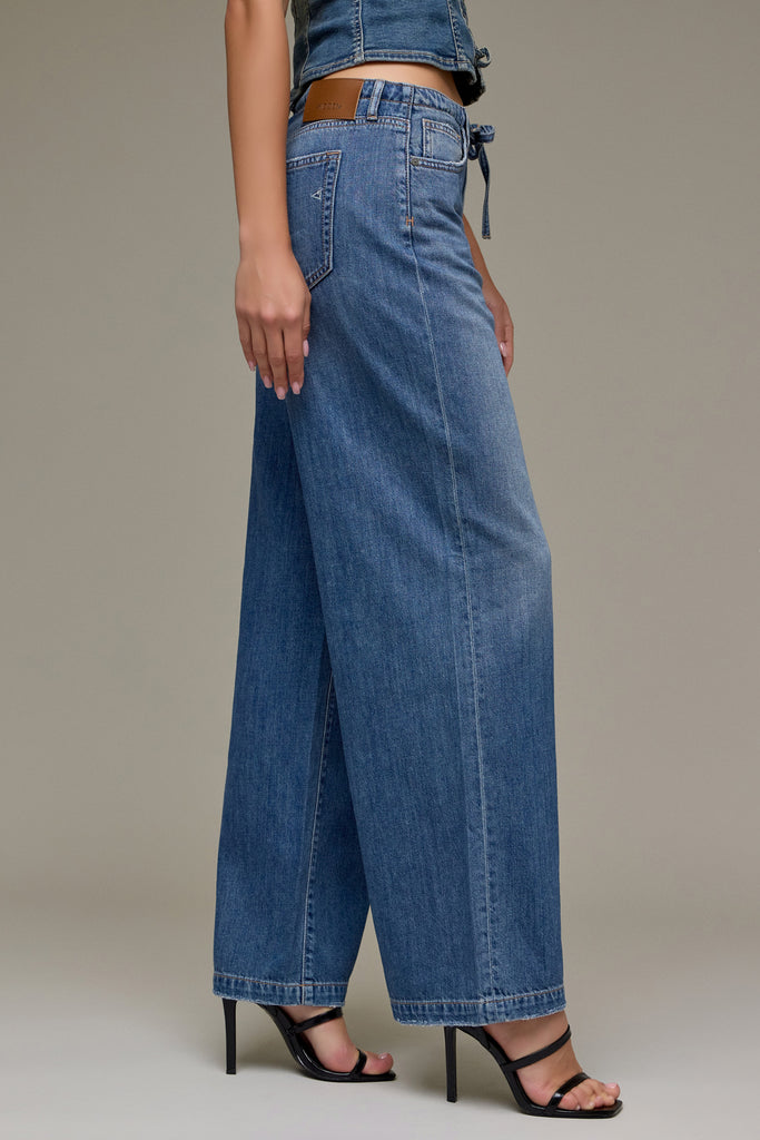 [NORI] Medium Wash Mid Rise Drawstring Wide Leg
