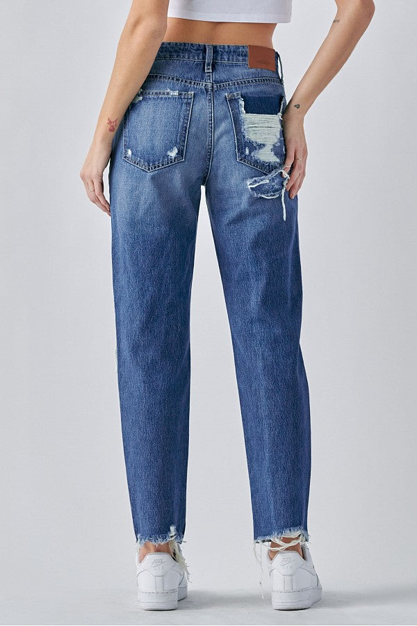 BAILEY<p/> DARK WASH DESTROYED BANDANA PRINT BOYFRIEND JEAN