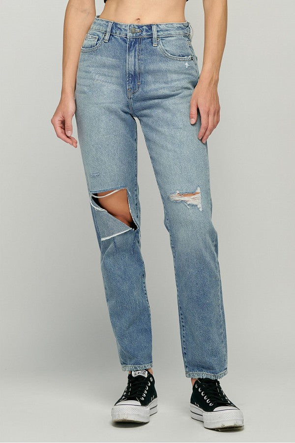 TRACEY <p/> MEDIUM WASH KNEE CUT STRAIGHT FIT