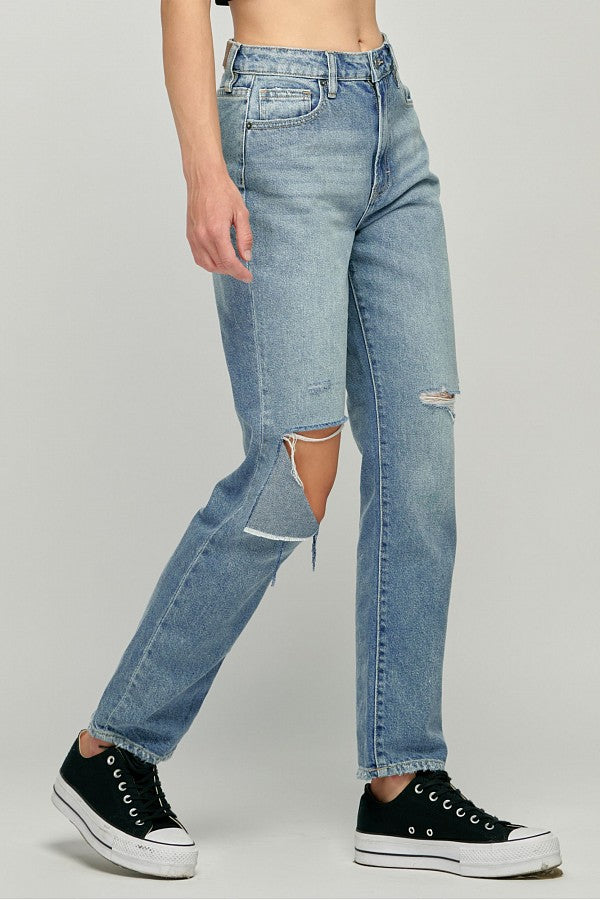 TRACEY <p/> MEDIUM WASH KNEE CUT STRAIGHT FIT