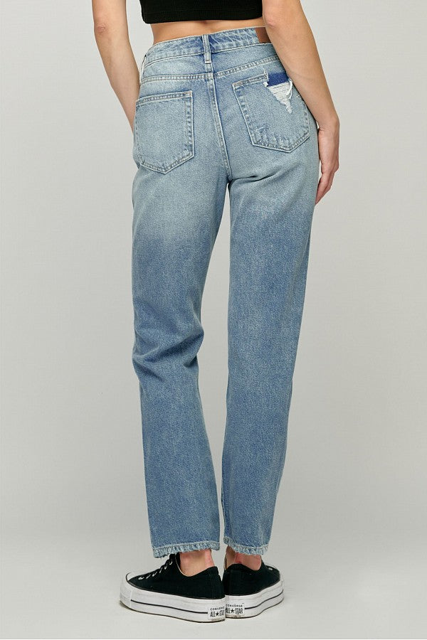 TRACEY <p/> MEDIUM WASH KNEE CUT STRAIGHT FIT