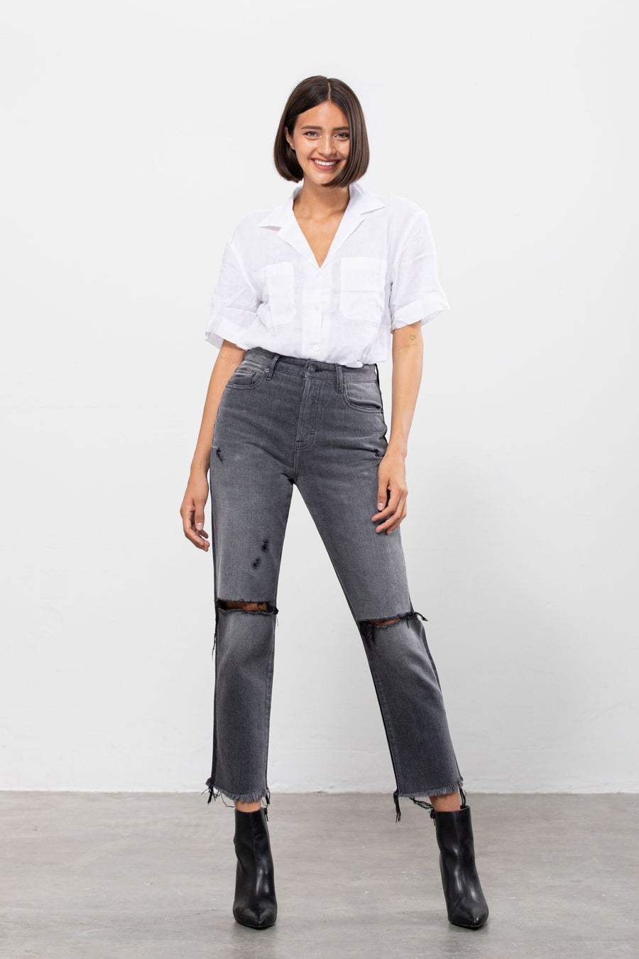 TRACEY <p/> CHARCOAL BLACK TWO TONE DISTRESSED STRAIGHT FIT