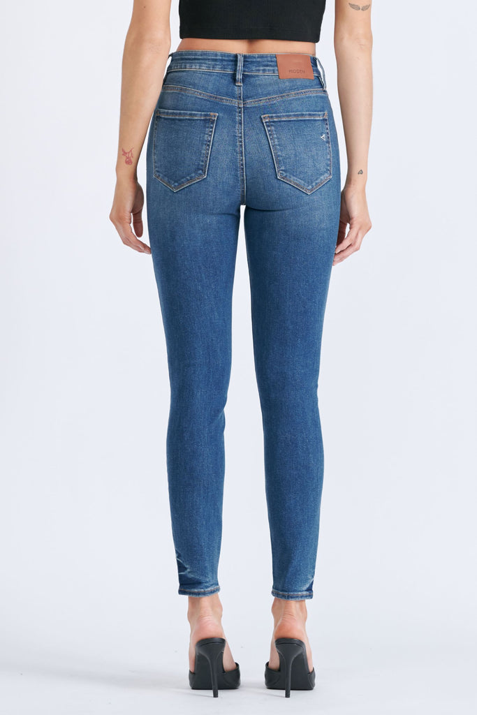 TAYLOR <p/> DARK WASH EXPOSED BUTTON HIGH RISE SKINNY