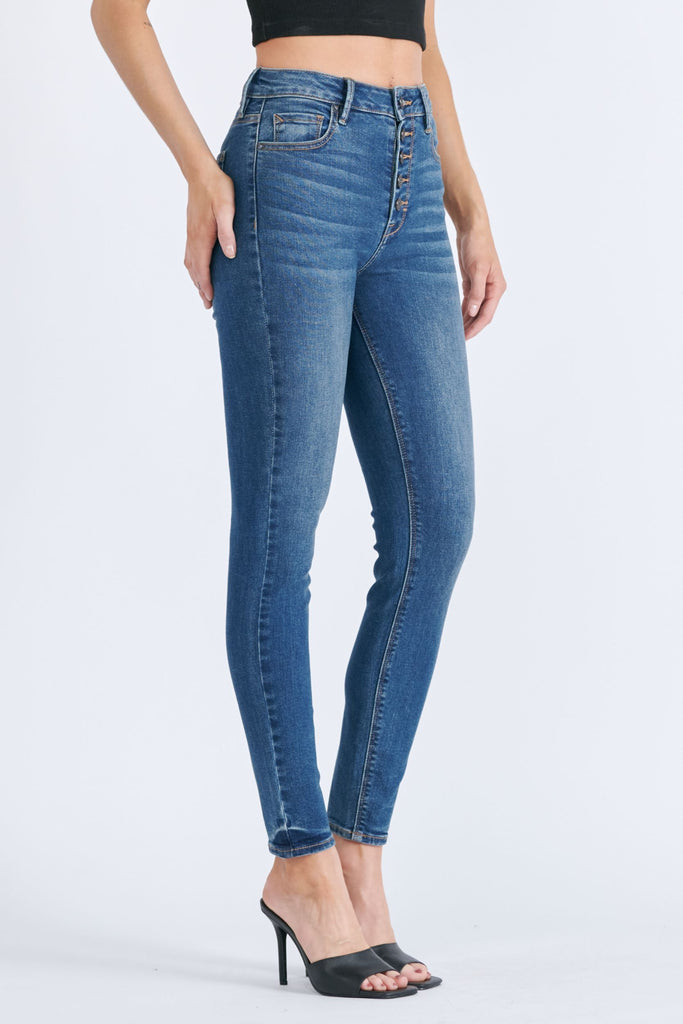 TAYLOR <p/> DARK WASH EXPOSED BUTTON HIGH RISE SKINNY
