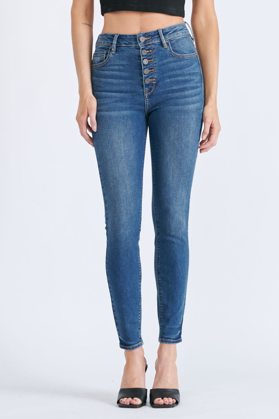 TAYLOR <p/> DARK WASH EXPOSED BUTTON HIGH RISE SKINNY