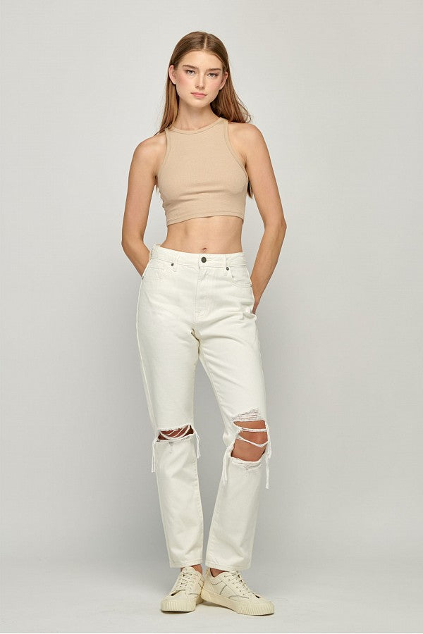 TRACEY <p/> CREAM COLOR KNEE DISTRESSED STRAIGHT JEAN