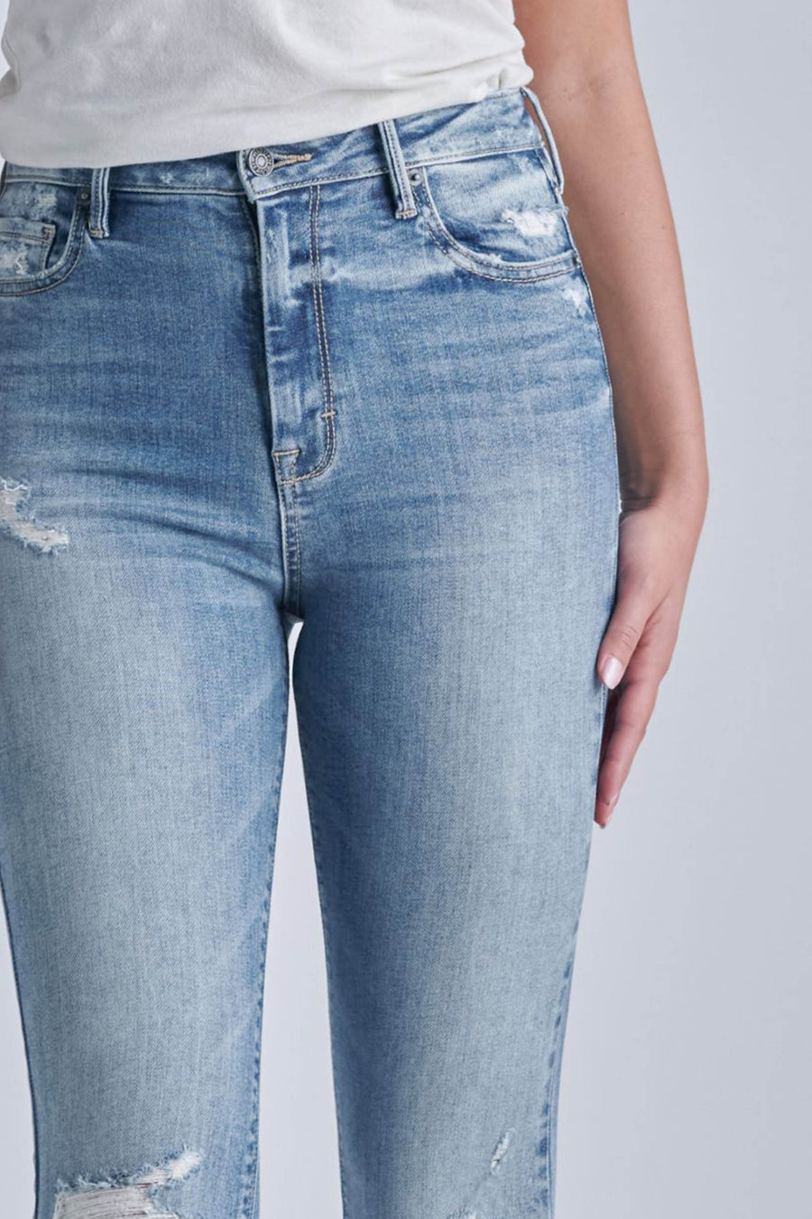 TAYLOR <p/> MEDIUM WASH HIGH RISE DISTRESSED FRAYED JEANS
